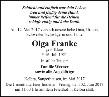 Traueranzeige von Olga Franke von Super Sonntag SGH Mansf. Land