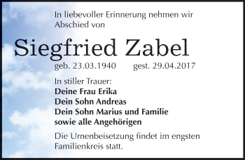 Traueranzeige von Siegfried Zabel von Mitteldeutsche Zeitung Bitterfeld