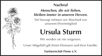 Traueranzeige von Ursula Sturm von WVG - Wochenspiegel NMB / WSF / ZTZ