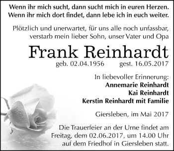 Traueranzeige von Frank Reinhardt von Mitteldeutsche Zeitung Aschersleben