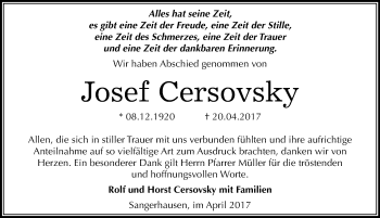 Traueranzeige von Josef Cersovsky von Mitteldeutsche Zeitung Sangerhausen