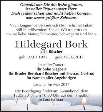 Traueranzeige von Hildegard Bork von Mitteldeutsche Zeitung Naumburg/Nebra