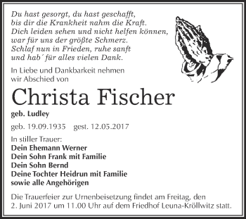 Traueranzeige von Christa Fischer von Super Sonntag Merseburg