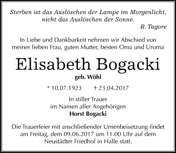 Traueranzeige von Elisabeth Bogacki von Mitteldeutsche Zeitung Halle/Saalkreis