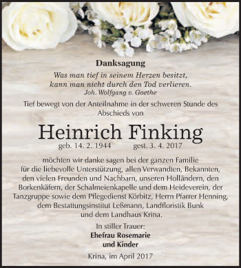 Traueranzeige von Heinrich Finking von WVG - Wochenspiegel Bitterfeld
