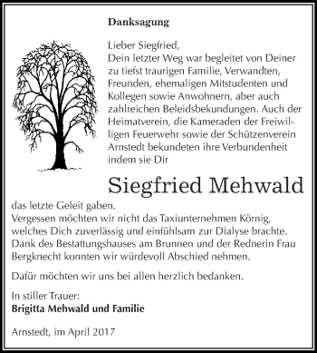 Traueranzeige von Siegfried Mehwald von Wochenspiegel Mansfelder Land