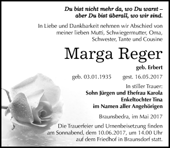 Traueranzeige von Marga Reger von Mitteldeutsche Zeitung Merseburg/Querfurt