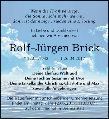 Traueranzeige von Rolf-Jürgen Brick von Mitteldeutsche Zeitung Bitterfeld