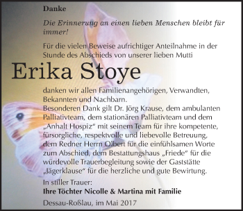 Traueranzeige von Erika Stoye von Mitteldeutsche Zeitung Dessau-Roßlau
