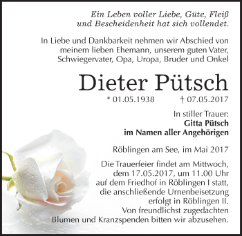 Traueranzeige von Dieter Pütsch von Mitteldeutsche Zeitung Mansfelder Land