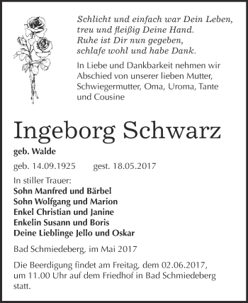 Traueranzeige von Ingeborg Schwarz von WVG - Wochenspiegel Wittenberg