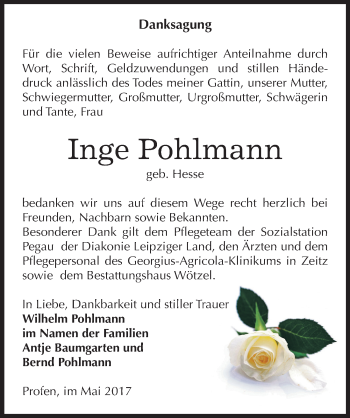 Traueranzeige von Inge Pohlmann von Mitteldeutsche Zeitung Zeitz