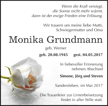 Traueranzeige von Monika Grundmann von Mitteldeutsche Zeitung Mansfelder Land