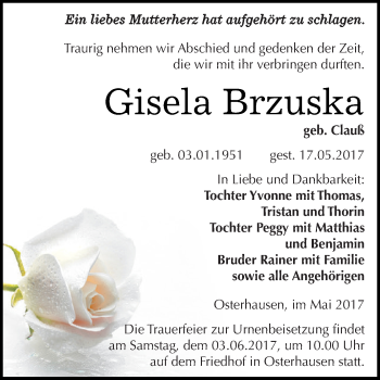Traueranzeige von Gisela Brzuska von Super Sonntag SGH Mansf. Land