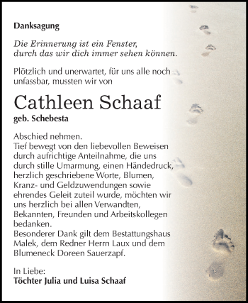 Traueranzeige von Cathleen Schaaf von Super Sonntag SGH Mansf. Land