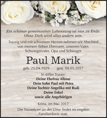 Traueranzeige von Paul Marik von WVG - Wochenspiegel Bitterfeld