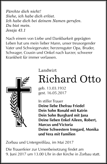 Traueranzeige von Richard Otto von Mitteldeutsche Zeitung Weißenfels