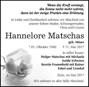 Traueranzeige von Hannelore Matschas von Mitteldeutsche Zeitung Zeitz