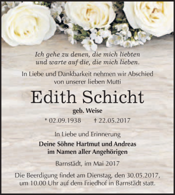 Traueranzeige von Edith Schicht von WVG - Wochenspiegel Merseburg