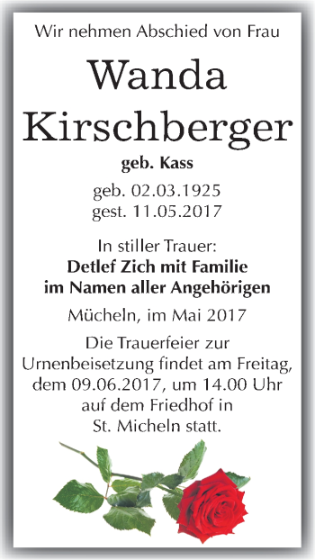 Traueranzeige von Wanda Kirschberger von Mitteldeutsche Zeitung Merseburg/Querfurt
