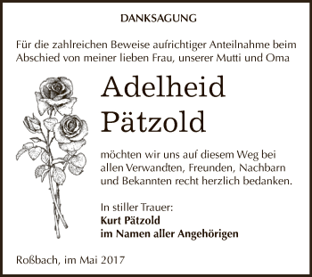 Traueranzeige von Adelheid Pätzold von WVG - Wochenspiegel NMB / WSF / ZTZ