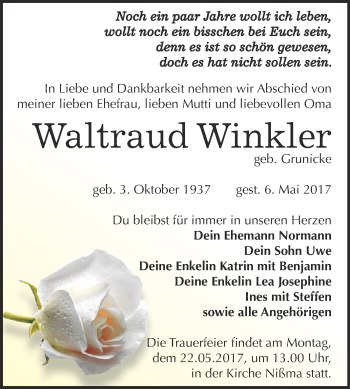 Traueranzeige von Waltraud Winkler von Super Sonntag Zeitz