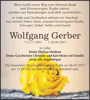 Traueranzeige von Wolfgang Gerber von WVG - Wochenspiegel Bitterfeld