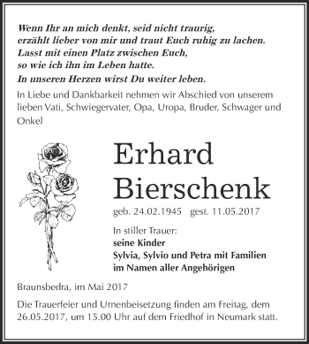Traueranzeige von Erhard Bierschenk von WVG - Wochenspiegel Merseburg