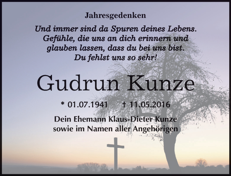  Traueranzeige für Gudrun Kunze vom 11.05.2017 aus Mitteldeutsche Zeitung Dessau-Roßlau