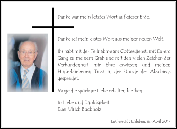 Traueranzeige von Ulrich Buchholz von Wochenspiegel Mansfelder Land