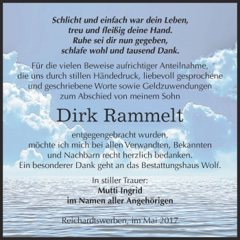 Traueranzeige von Dirk Rammelt von WVG - Wochenspiegel NMB / WSF / ZTZ