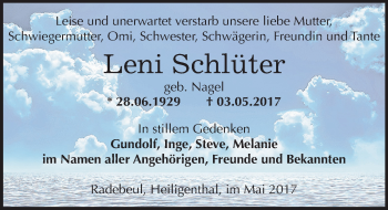 Traueranzeige von Leni Schlüter von Mitteldeutsche Zeitung Mansfelder Land