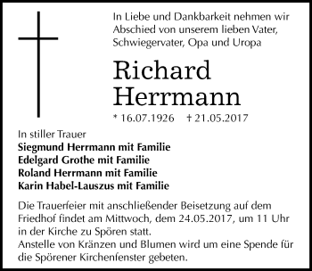Traueranzeige von Richard Herrmann von Mitteldeutsche Zeitung Bitterfeld