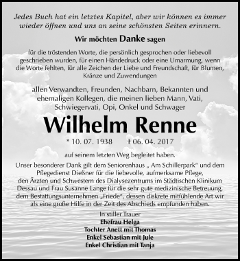 Traueranzeige von Wilhelm Renne von Mitteldeutsche Zeitung Dessau-Roßlau