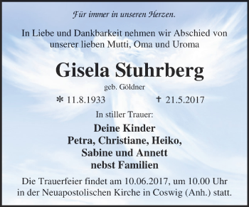 Traueranzeige von Gisela Stuhrberg von WVG - Wochenspiegel Dessau / Köthen