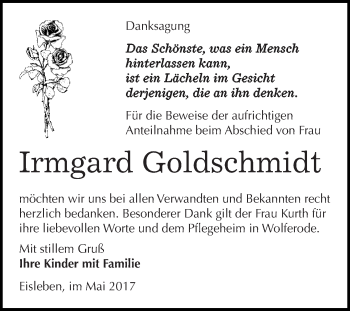 Traueranzeige von Irmgard Goldschmidt von Wochenspiegel Mansfelder Land