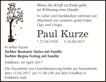 Traueranzeige von Paul Kurze von Super Sonntag SGH Mansf. Land