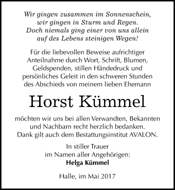 Traueranzeige von Horst Kümmel von Mitteldeutsche Zeitung Halle/Saalkreis