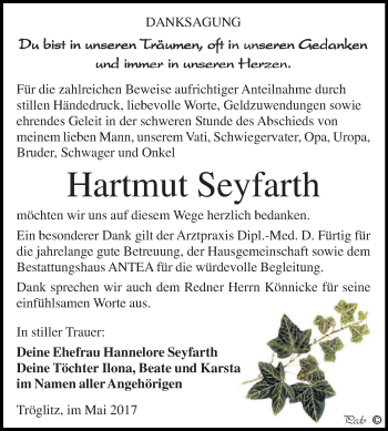 Traueranzeige von Hartmut Seyfarth von Super Sonntag Zeitz