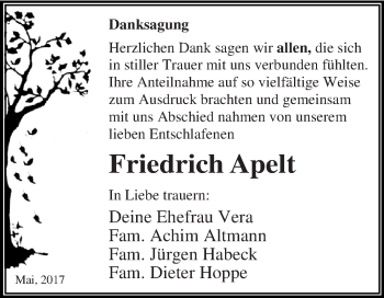 Traueranzeige von Friedrich Apelt von WVG - Wochenspiegel Dessau / Köthen