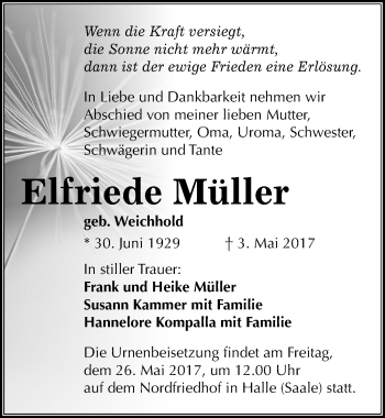 Traueranzeige von Elfriede Müller von Mitteldeutsche Zeitung Halle/Saalkreis