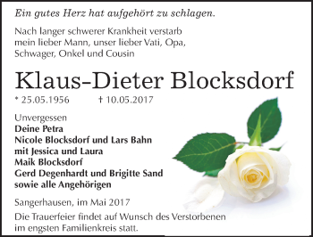 Traueranzeige von Klaus-Dieter Blocksdorf von Mitteldeutsche Zeitung Sangerhausen