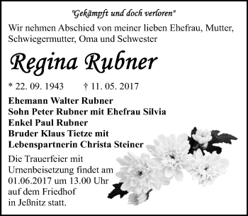 Traueranzeige von Regina Rubner von Mitteldeutsche Zeitung Bitterfeld