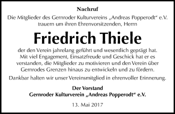 Traueranzeige von Friedrich Thiele von Mitteldeutsche Zeitung Quedlinburg