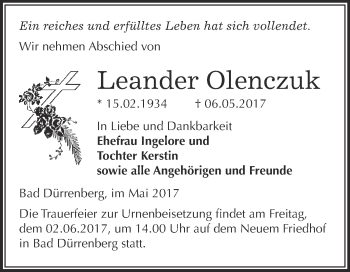 Traueranzeige von Leander Olenczuk von Super Sonntag Merseburg