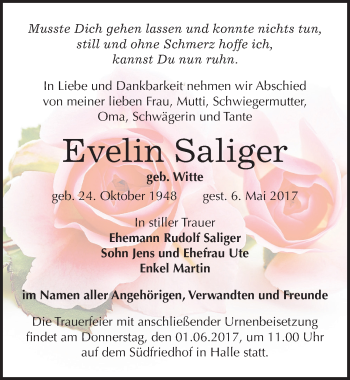 Traueranzeige von Evelin Saliger von Mitteldeutsche Zeitung Halle/Saalkreis