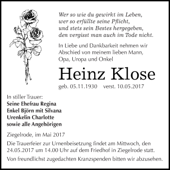 Traueranzeige von Heinz Klose von Wochenspiegel Mansfelder Land