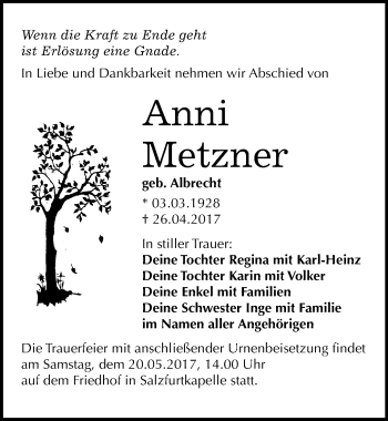 Traueranzeige von Anni Metzner von Mitteldeutsche Zeitung Bitterfeld