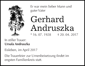 Traueranzeige von Ursula Andruszka von Wochenspiegel Mansfelder Land