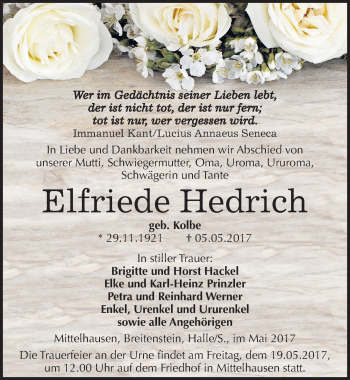 Traueranzeige von Elfriede Hedrich von Mitteldeutsche Zeitung Sangerhausen